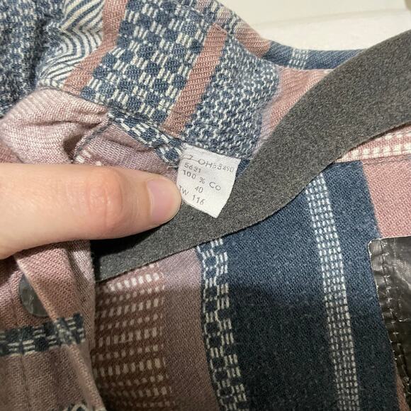 Java Joe Southwestern Print Flannel Tan Blue Striped Button Up Large Aztec Indie - Picture 6 of 8